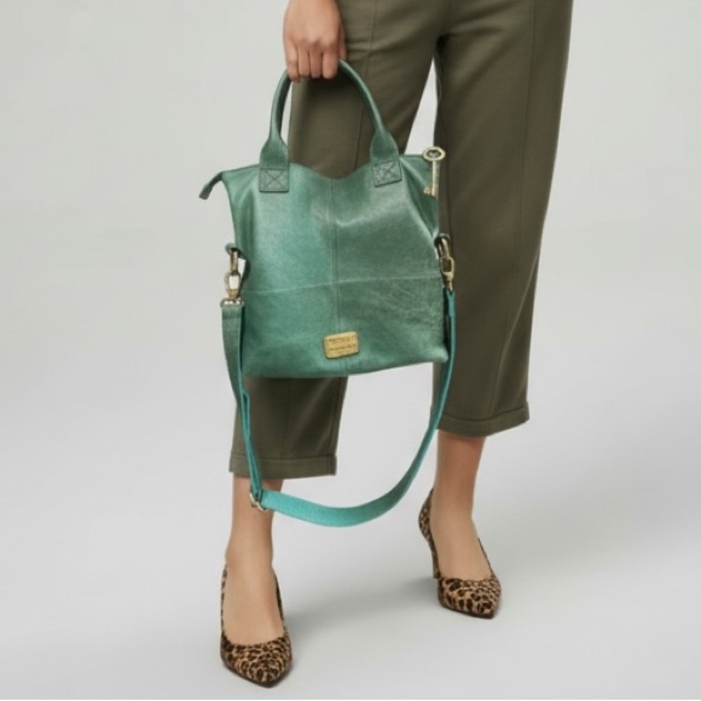 Fossil Teal Genuine Leather Tote Bag with Gold Accents